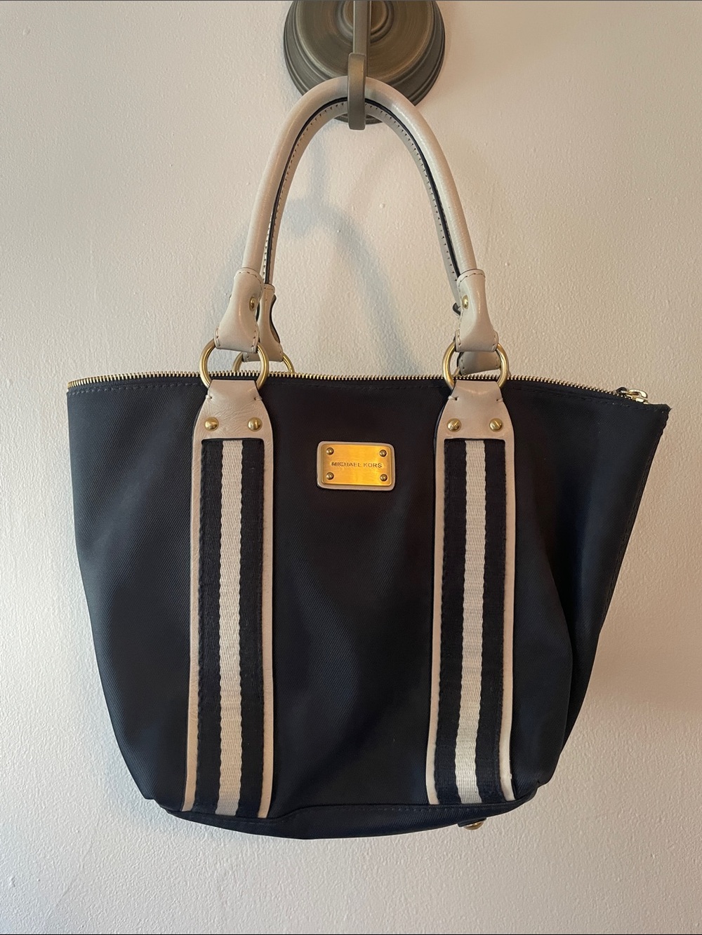 Michael Kors Navy Tote with Cream Straps and Gold Hardware